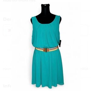 iZ BYER Teal Sleeveless Flowy Dress XL, With Colorful Belt Retro Style NWT
